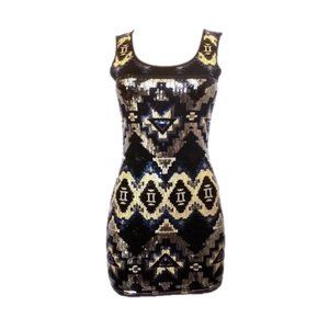 Cache Sequin Aztec Pattern Cocktail Mini Dress